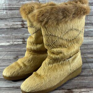 Tecnica Pony Hair Mid Calf Winter Snow Boots sz 40 9.5 US Tan made Italy Vintage